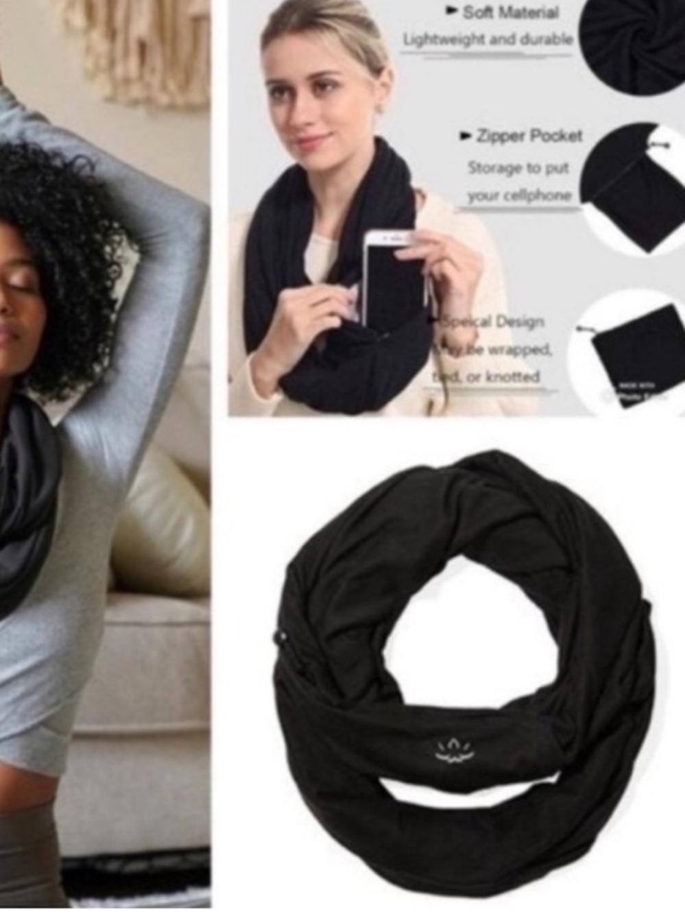 New w/tags Beyond Yoga NWT hidden zipper pocket infinity scarf wrap Black OS - Picture 4 of 6